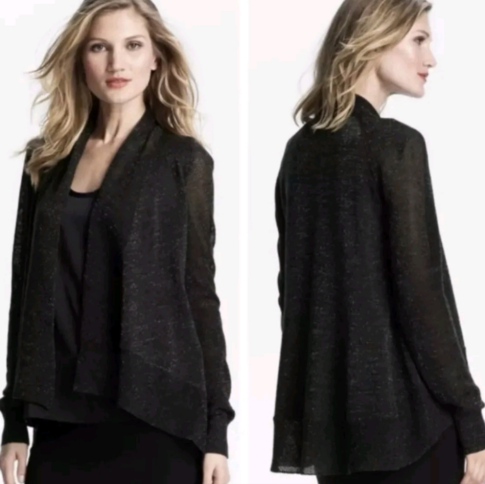 Eileen Fisher Black Silver Merino Wool Blend Open Front Cardigan PS